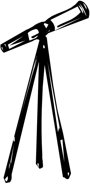 The black and white photo shows a telescope with its tripod folded down against an indistinct background that appears to be darkened for contrast.