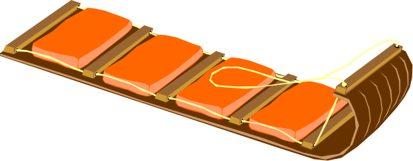 The image shows a red sled with yellow lines on it against an orange background.