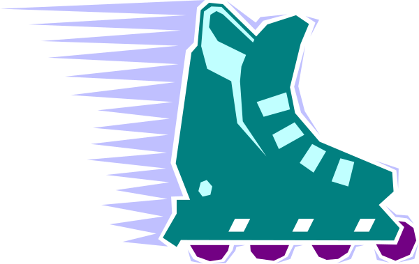 The image shows a cartoon roller skate with wheels on it moving quickly to its right side against an abstract background that suggests motion due to blurred lines in shades of purple and blue.