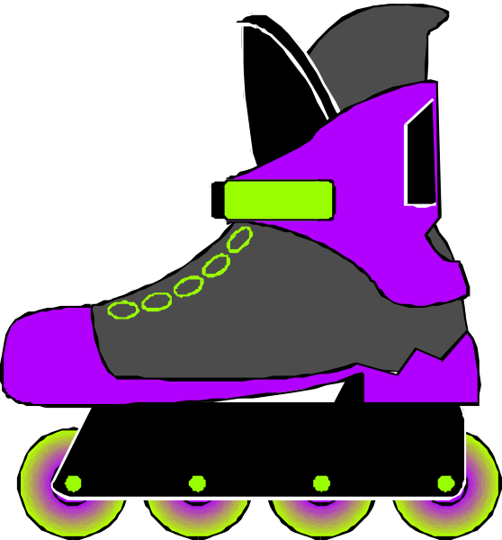 The image shows two pairs of roller skates with wheels on a black background; each pair has different designs: purple shoes in one set against white backdrop and green lights around it, while another is grayish-black with neon yellow accents inside pink boots.