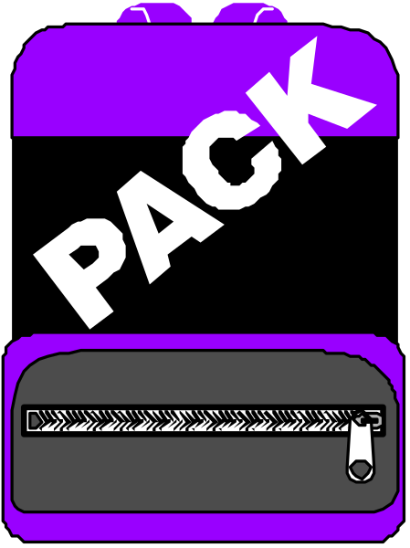 The image shows a purple suitcase with an open top on it against a black background; there is text that reads "PACK" in white letters above the suitcase.