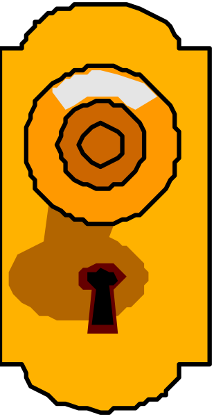 The image shows a closeup of an orange door with a keyhole on it against a gray background.