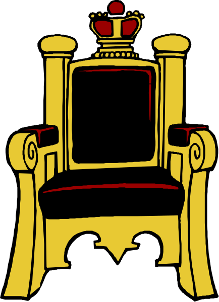 The black and white illustration shows a cartoon depiction of an elaborate throne with gold accents on top against a dark background; it is stylized in a simple line drawing manner without any shading, giving it a flat appearance.