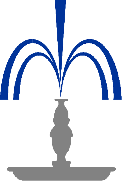 The image shows a black and white illustration of an outdoor fountain with water flowing from two spouts into a basin below them; there is also a blue spray coming out of one side of the topmost spout, creating a contrast against the monochrome background.