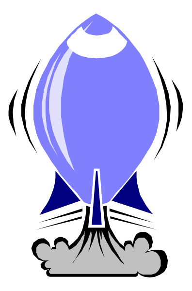 The image shows a stylized blue rocket with white smoke on its tail against a black background.