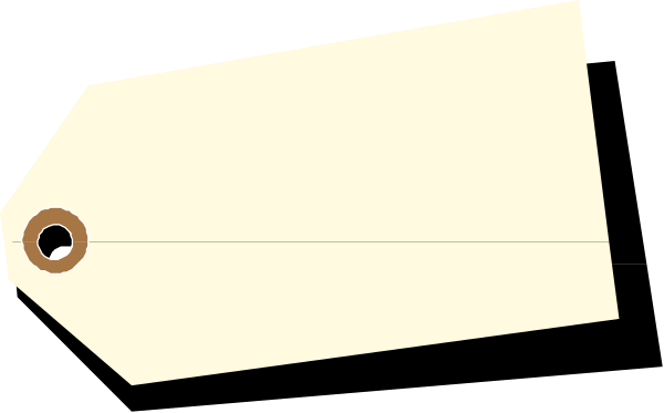 The image shows a black and white illustration of an envelope with two tags on it placed against a gray background.