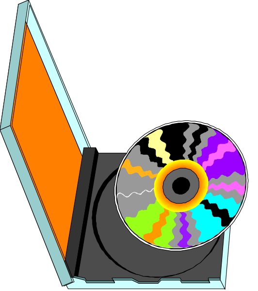The image shows a CD case with an open lid revealing colorful discs inside; it is placed on what appears to be a surface that could represent a tabletop in front of another object which seems like a small, dark-colored box or container.