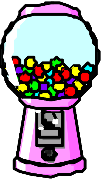 The image shows a gumball machine filled with colorful candy pieces against a dark background.
