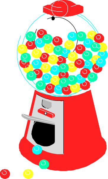 The image shows a colorful gumball machine with red base filled to overflowing with multicolored balls of candy on top; it is placed in front of an open door that has two white handles sticking out, suggesting dispensing action when pushed downwards or pulled upwards.
