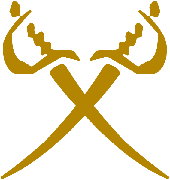 The image shows a pair of crossed swords with an emblem on top that resembles two stylized animal heads facing each other in profile view; there is no text present within this clip-art graphic, and it appears to be designed for decorative or symbolic purposes rather than depicting real objects.