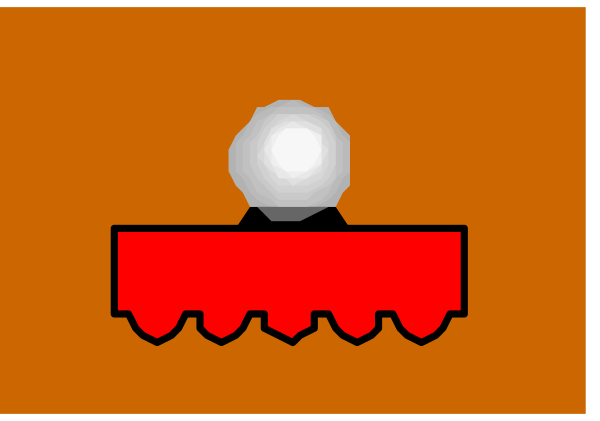 The image shows a pixelated scene with two red platforms on either side of an orange platform that has a white ball resting atop it in front of what appears to be a gray wall.