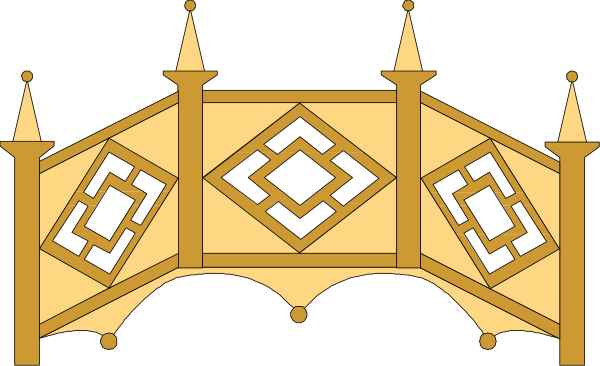 The image shows a stylized illustration of an elaborate architectural structure with intricate designs on its sides resembling columns and arches; it appears to be part of a larger piece that includes other elements such as what looks like a bridge, possibly in black-and-white or grayscale.