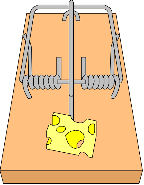 The illustration shows a wooden block with cheese wedges on top of it being held down by an iron clamp that is attached to two springs; there's no visible text in this image.
