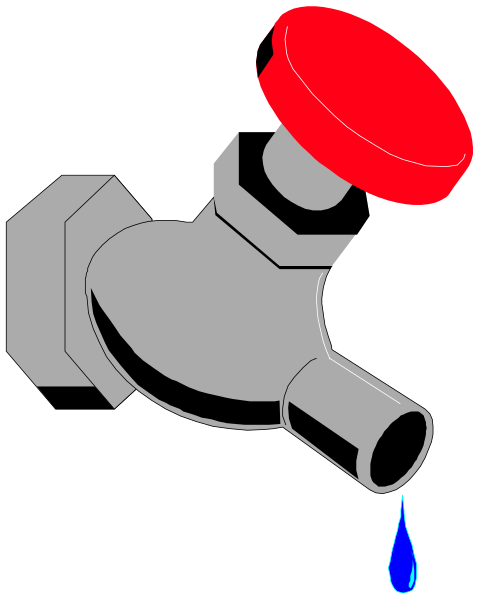The black and white illustration shows a fire hydrant with water dripping from it into an open red cap on top of another pipe below.