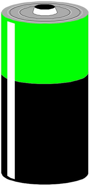 The image shows a black cylindrical battery with green stripes on top of it against a gray background.