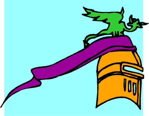 The image shows a colorful illustration of an eagle perched on top of what appears to be a castle-like structure with purple banners hanging from it against a blue sky background.