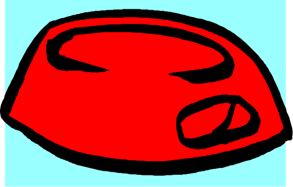The image shows a red hat with two black eyes on it against a blue background.