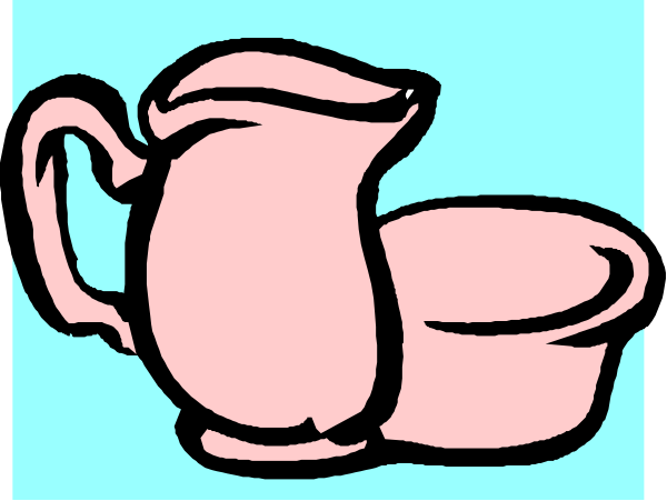 The image shows a cartoon of two pink mugs with handles facing each other on either side against a blue background.