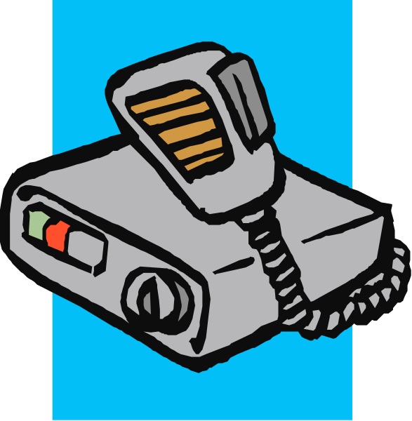 The image shows a cartoon of two walkie talkies placed side by side against a blue background with white borders on either end.