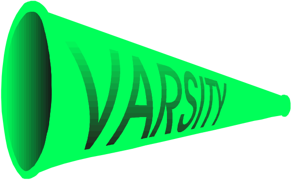The image shows a green megaphone with text that reads "VARSITY" on it against an indistinct background.