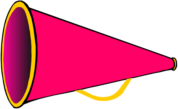 The image shows a pink megaphone with two handles on either side of it pointing towards each other to amplify sound.