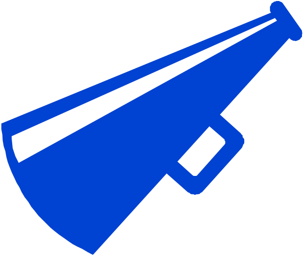 The image shows a blue megaphone on top of another object that resembles an amplifier with two speakers facing each other; both items appear to be in motion as if being thrown away from one another, set against a black background.