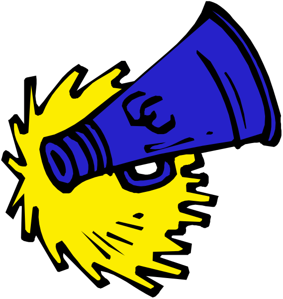 The image shows a blue megaphone with an explosion effect around it against a black background on the left side of the frame.