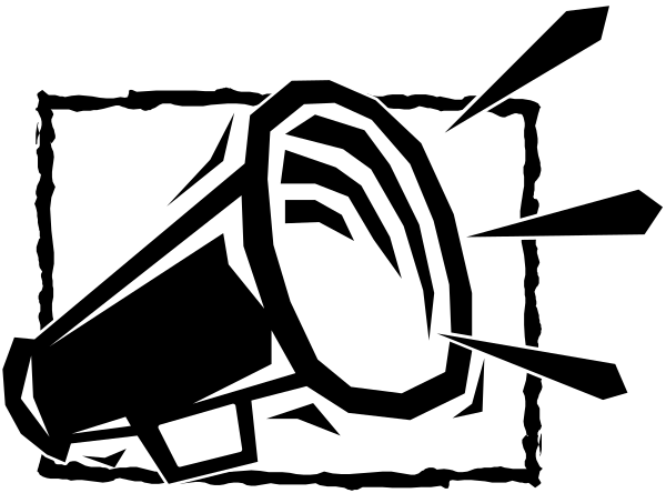 The black and white silhouette of a megaphone with sound waves emanating from it against an abstract background.
