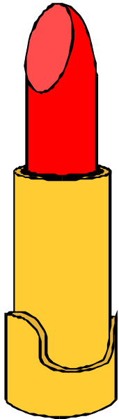 The image shows a red lipstick tube with two lips on it placed next to an open yellow box containing three more similar tubes of makeup.