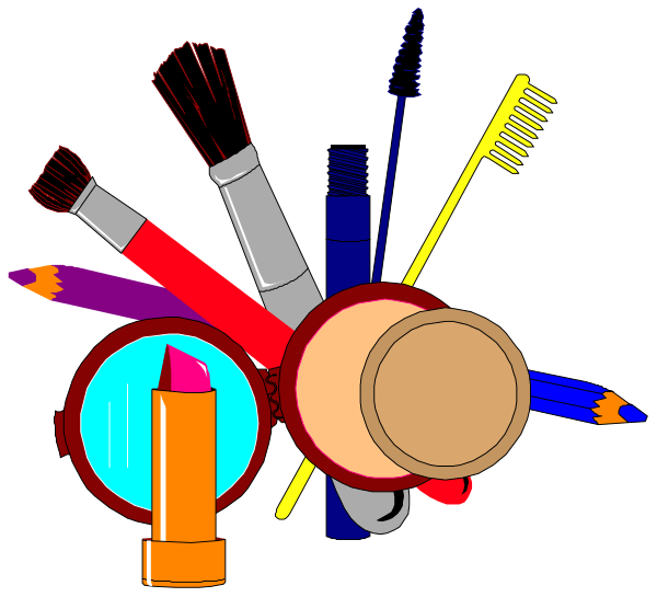 The image shows a collection of beauty products including makeup brushes, lipstick tubes, nail polish bottles, scissors with orange handles, tweezers in blue packaging, mascara wand, toothbrush and tube of glue on black background.