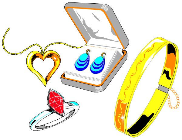The image shows a collection of jewelry items including rings with hearts on them, an open ring box displaying two blue gemstones inside it, and other pieces of jewelry such as bracelets and earrings arranged around these central objects in what appears to be a celebratory or romantic theme.