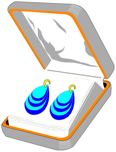 The image shows an open book with a pair of blue earrings on its pages inside what appears to be a suitcase-shaped container.