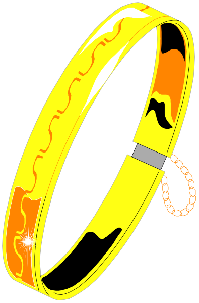 The image shows a ring with an orange band that has gold detailing on it; there is also what appears to be a key attached by its chain hanging from one side of the ring.