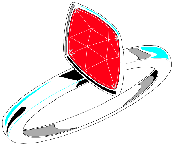 The image shows a red gemstone with an intricate design on top of it placed inside what appears to be a ring box against a black background.