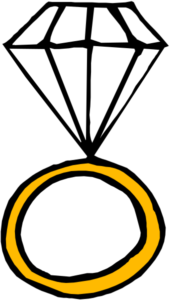 The image shows a black and white illustration of an engagement ring with two diamonds on either side and a large diamond in between them atop what appears to be a wedding band; above this symbol is another larger, single-diamond that resembles a traditional cut gemstone or possibly the top part of a trophy.