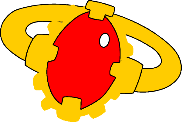 The image shows a red planet with gears around it next to an orange ring that has two planets on top of each other connected by lines.