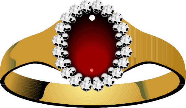 The image shows a wedding ring with two crowns on top of it; each crown has red jewels atop them, forming an arch over the rings themselves.