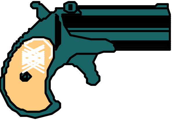 The image shows a stylized graphic of two guns crossed over each other with an eye between them on what appears to be a black background.