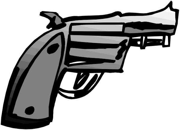 The black and white illustration shows a handgun with two barrels pointing upwards against an indistinct background that appears to be dark in color.