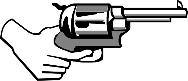 The black and white silhouette of a person holding a gun with their hand on it.