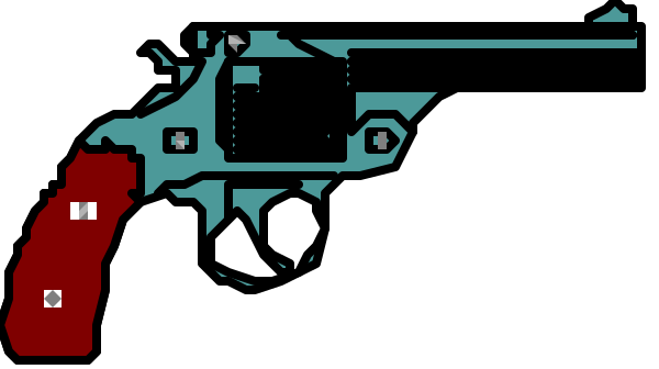 The image shows a pixelated representation of two guns with red crosshairs on them against a dark background.