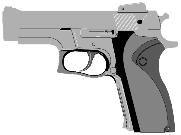 The black and white illustration shows a handgun with its barrel pointing upwards to the right side of the frame; it is depicted in profile view against an unadorned background that does not provide any additional context about setting, objects, people, animals or actions beyond what has been described above.