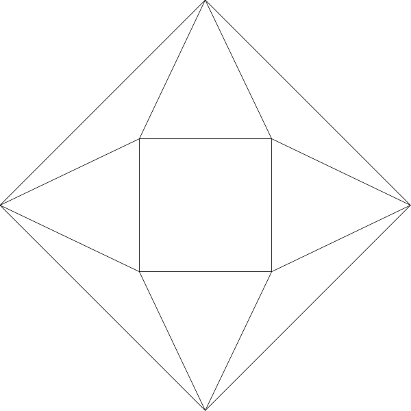 The image shows a black and white geometric figure resembling an octahedron with two smaller triangles on its sides forming hexagons at each corner of one face.