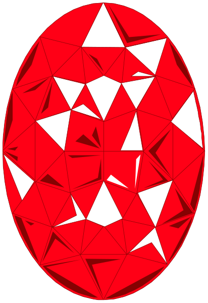 The image shows a red gemstone with numerous facets that resemble an egg shape within what appears to be a larger diamond-like structure in shades of white and gray.