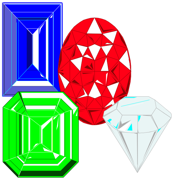 The image shows a collection of four gemstones with different shapes: two red rubies on top left, an oval green emerald in bottom right corner, one large diamond-shaped crystal at center front, and another smaller round clear stone to its upper right side.