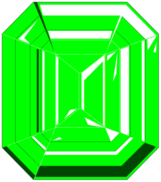 The image shows a green gemstone with multiple facets inside an octagonal frame against a grey background.