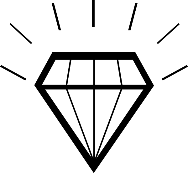 The black and white logo of a diamond with an outline around it on a dark background.