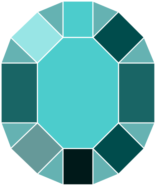 The image shows a stylized representation of an oval gemstone with multiple facets against a dark background.