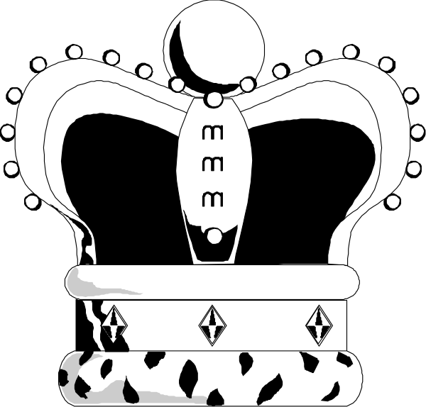 The black and white illustration shows a crown with an emblem on top of it that resembles a football helmet; below this is another smaller crown-like object adorned by what appears to be a scepter, all set against a dark background.