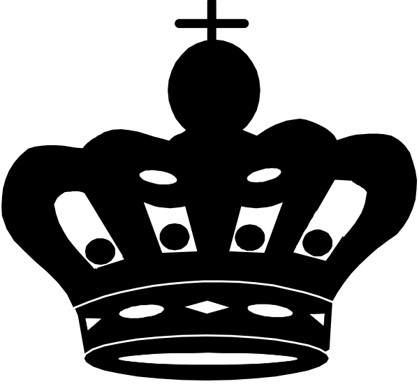 The black and white silhouette of a crown with two eyes on it is shown against a dark background.